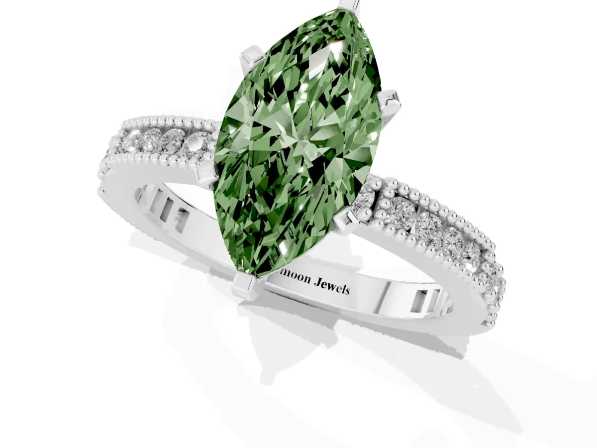 Fancy Green Marquise Cut Solitaire with Pavé Band and Four-Prong Setting Silver