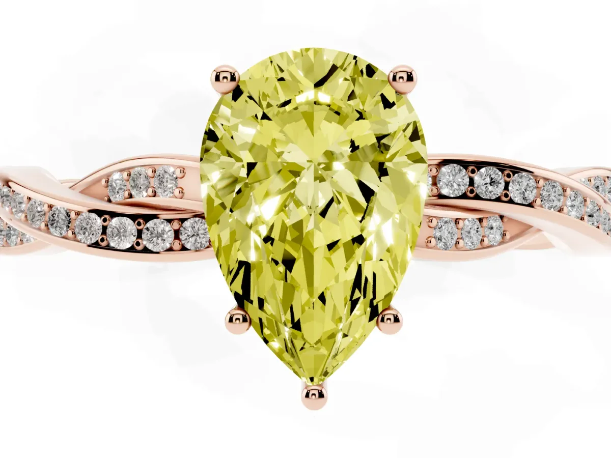 Fancy Yellow Pear Cut Solitaire Twisted Pave Diamond Ring with Four-Prong Setting Rose gold