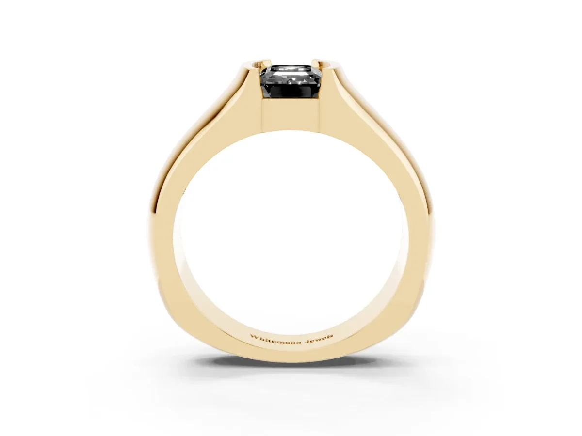 Fancy Black Emerald Cut Solitaire Bezel Set Diamond Ring with Wide Band Yellow gold