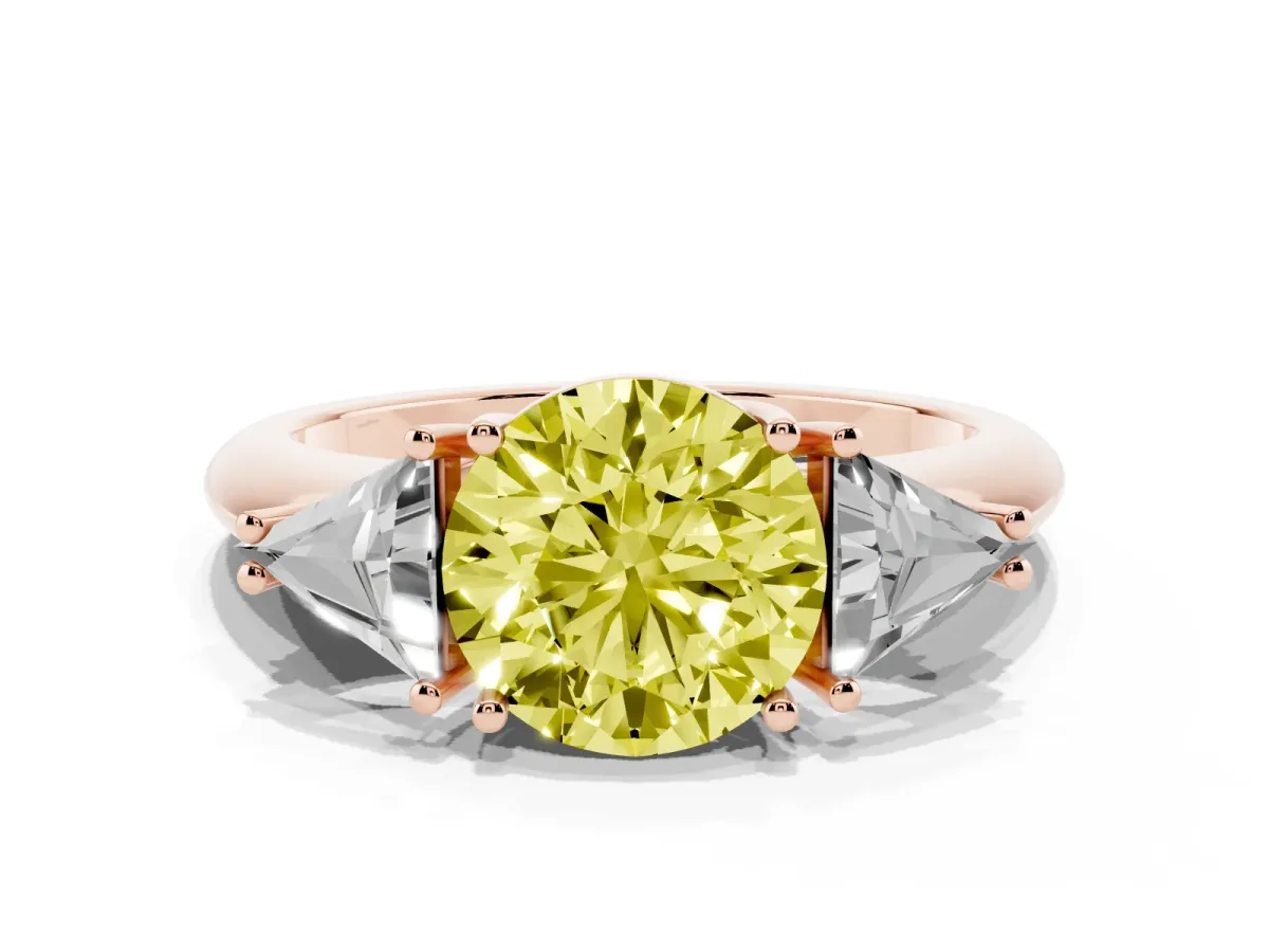 Fancy Yellow Three-Stone Round Cut Diamond Engagement Ring with Trillion Side Stones and Prong Setting Rose gold