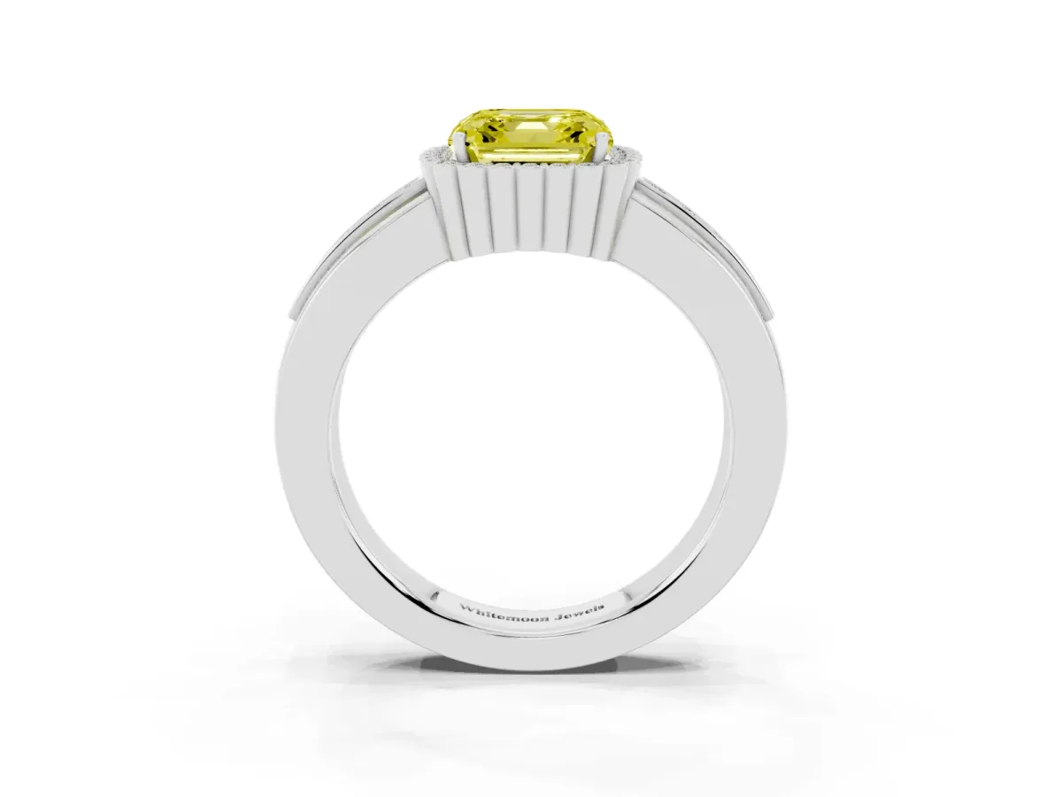 Fancy Yellow Asscher Cut Cut Halo Pave Band Four-Prong Ring Platinum