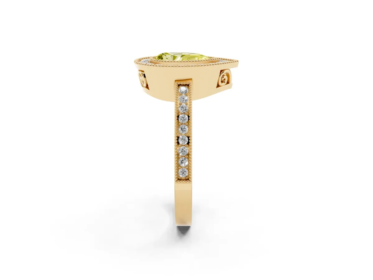 Fancy Yellow Pear Cut Cut Halo Diamond Ring with Pavé Band and Milgrain Prong Setting Yellow gold