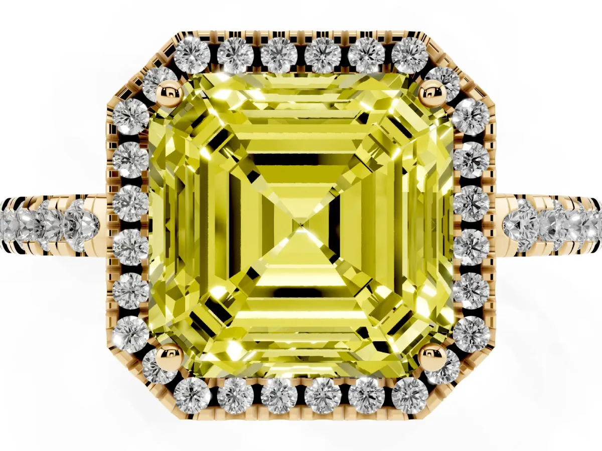 Fancy Yellow Asscher Cut Halo Diamond Engagement Ring with Pavé Band and Four-Prong Setting Yellow gold
