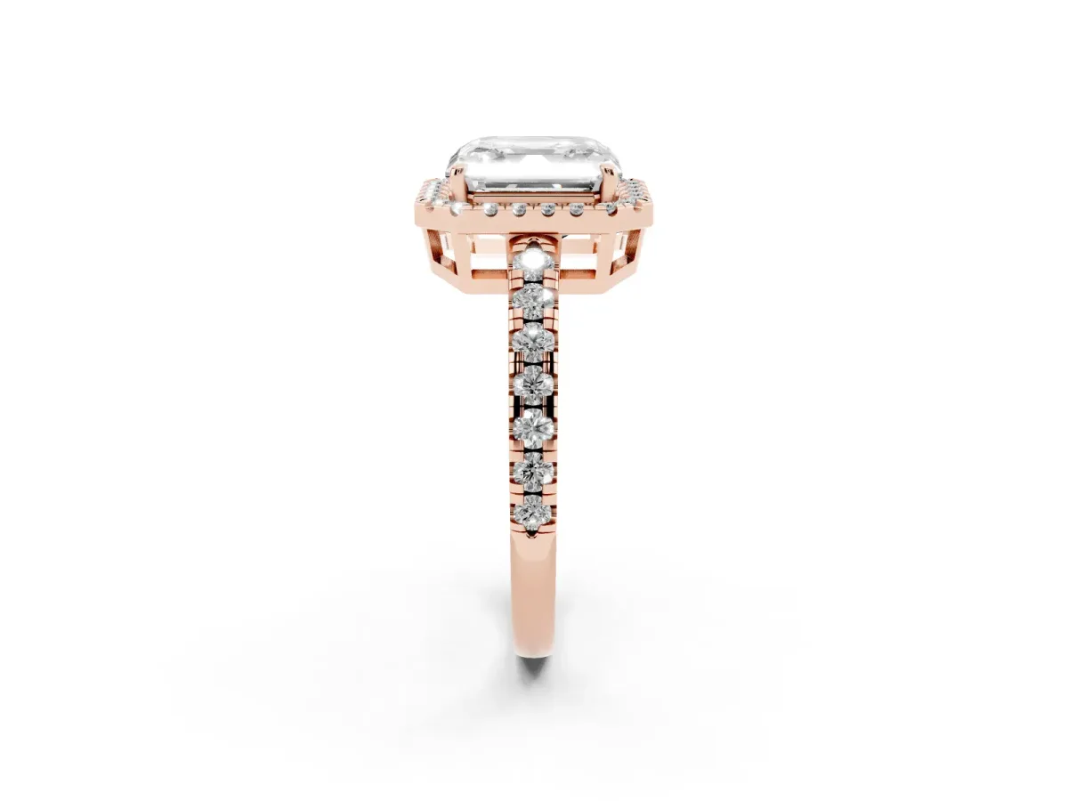 Asscher Cut Diamond Halo Ring with Pavé Band and Four-Prong Setting Rose gold