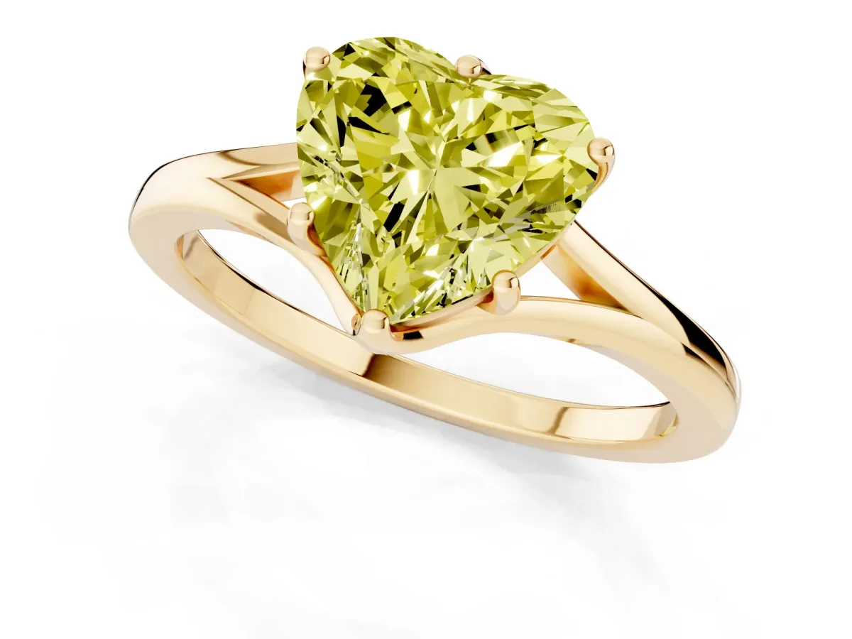 Fancy Yellow Heart Cut Solitaire Diamond Ring with Six-Prong Setting and Tapered Band Yellow gold