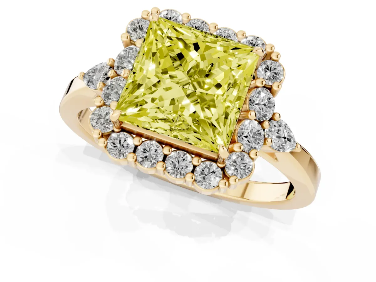Fancy Yellow Princess Cut Diamond Halo Ring with Pear Side Stones and Prong Setting Yellow gold