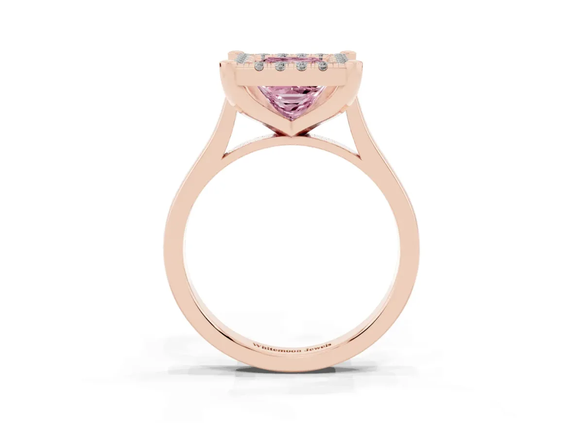 Fancy Pink Princess Cut Diamond Cluster Halo Solitaire with Four-Prong Setting Rose gold