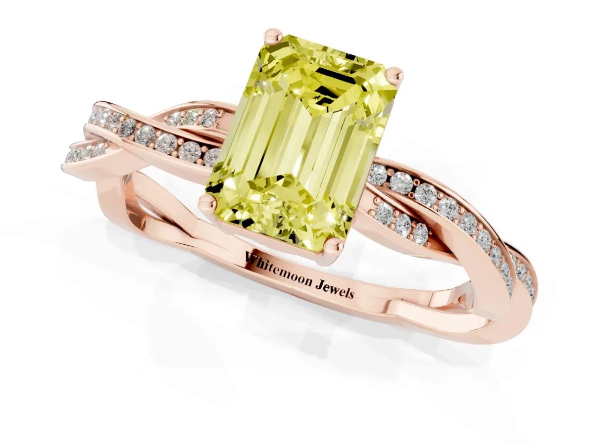 Fancy Yellow Emerald Cut Solitaire Twisted Pave Diamond Ring with Four-Prong Setting Rose gold