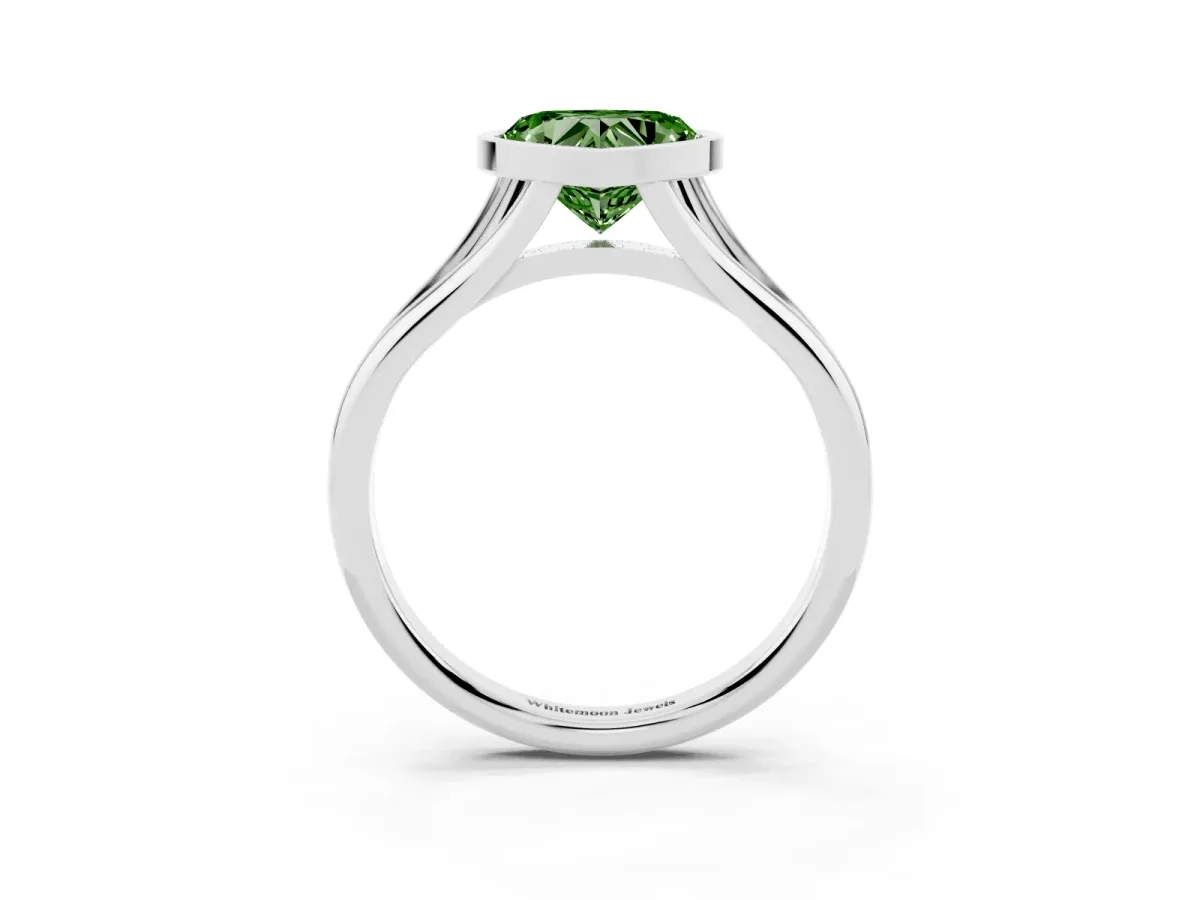 Fancy Green Bezel Set Heart Cut Cut Solitaire Ring with Tapered Band Silver