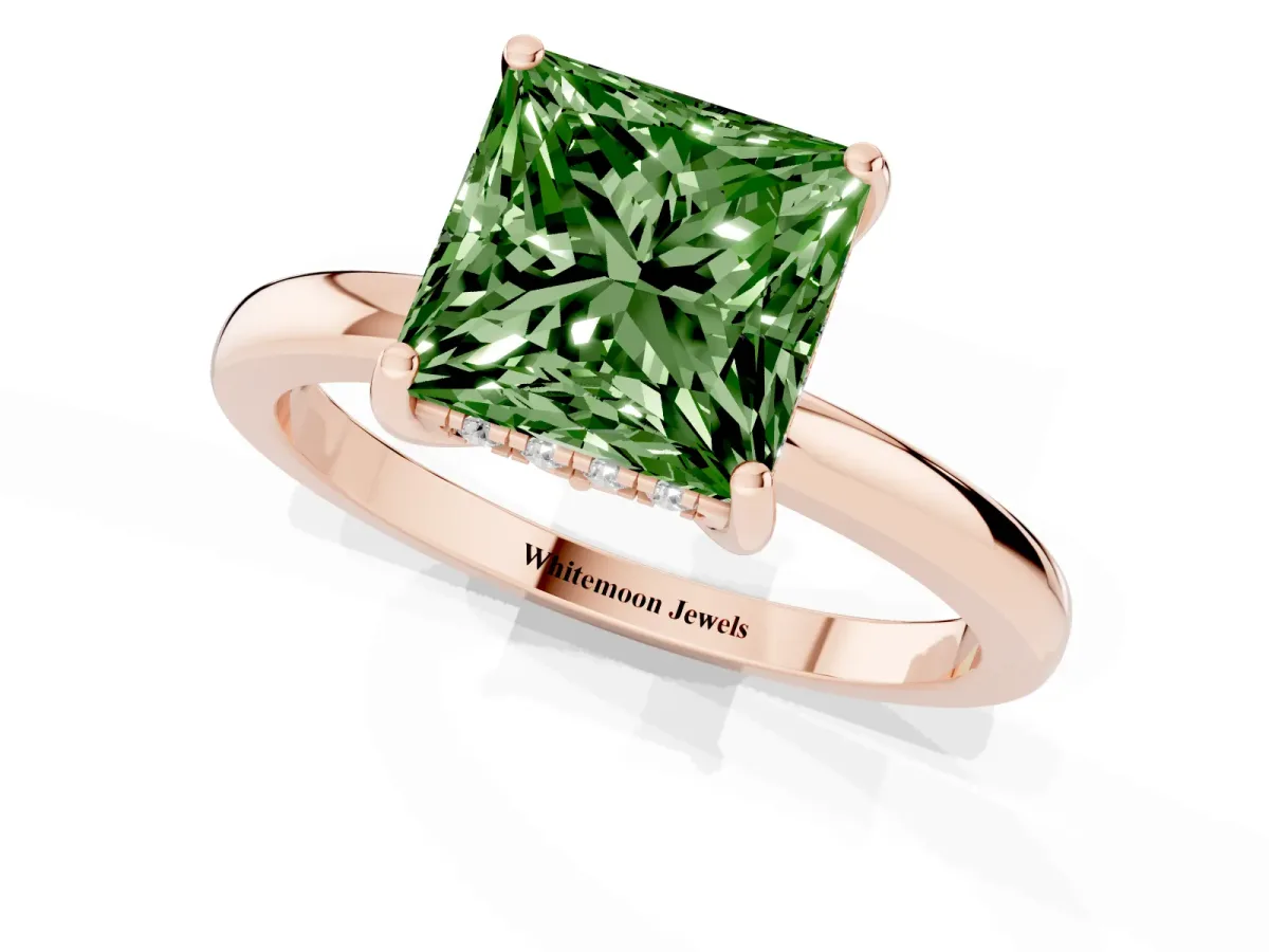 Fancy Green Princess Cut Solitaire Diamond Ring with Prong Setting and Plain Band Rose gold