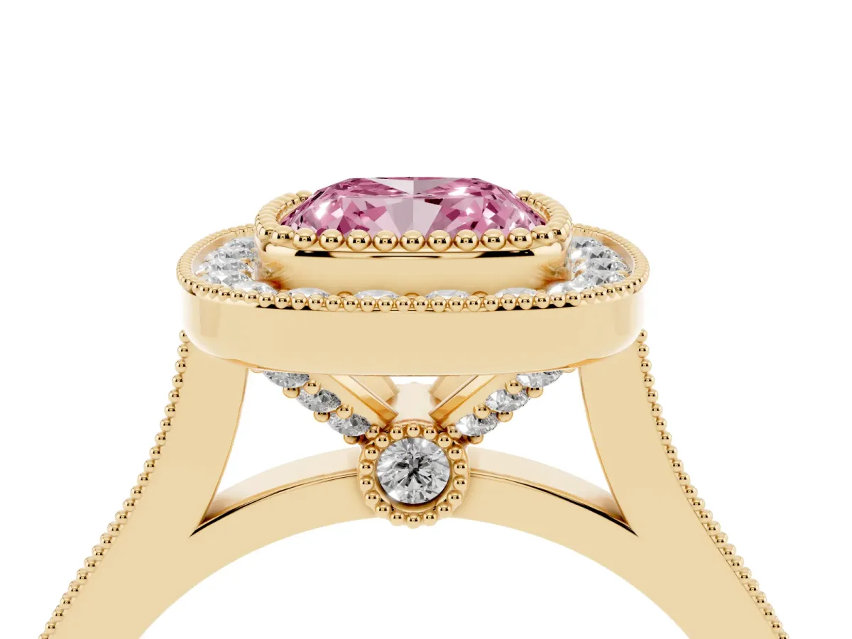 Fancy Pink Cushion Cut Diamond Halo Ring with Milgrain Frame and Pavé Band Yellow gold