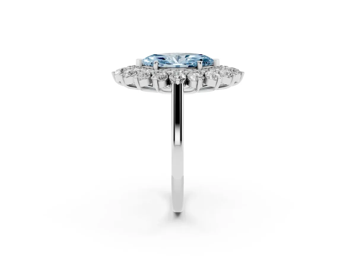 Fancy Blue Marquise Cut Diamond Floral Double Halo Engagement Ring with Prong Setting Platinum