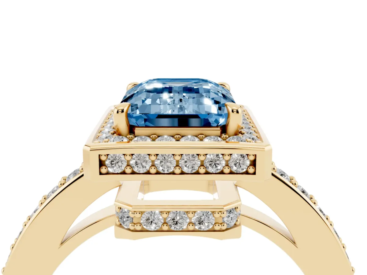 Fancy Blue Emerald Cut Halo Pave Band Solitaire Ring with Prong Setting Yellow gold