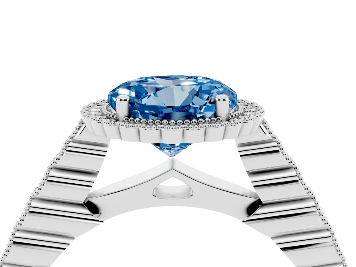 Fancy Blue Round Cut Cut Halo Pavé Solitaire Ring with Milgrain Band Silver