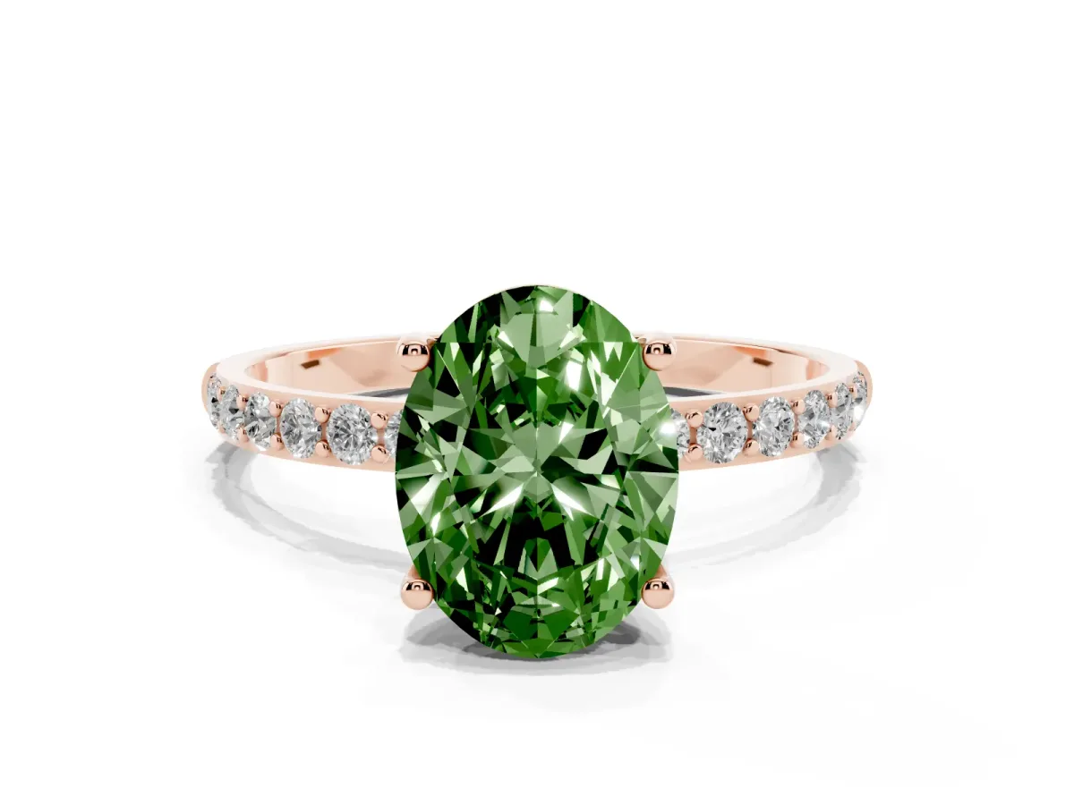 Fancy Green Oval Cut Diamond Solitaire Ring with Round Pavé Shoulders and Prong Setting Rose gold