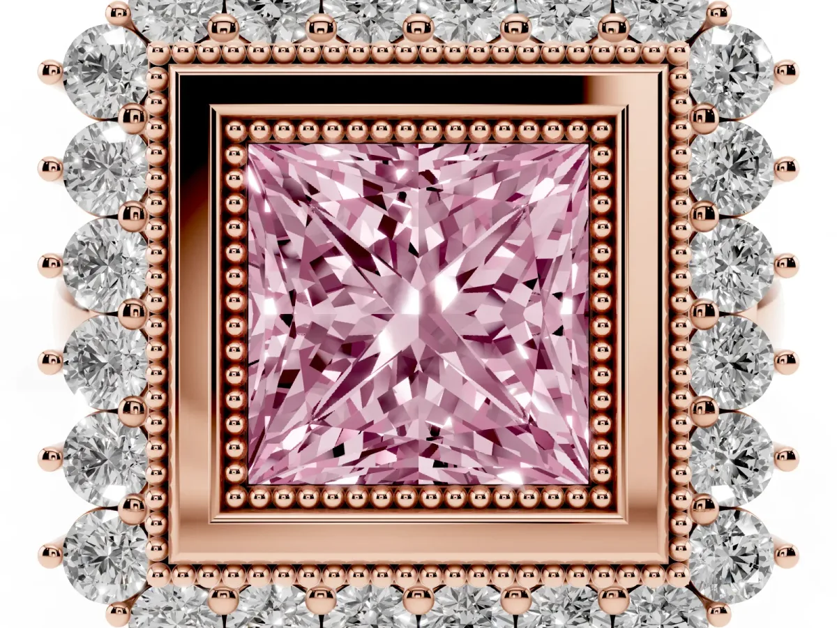 Fancy Pink Princess Cut Halo Diamond Ring with Milgrain Edge and Round Prong Setting Rose gold