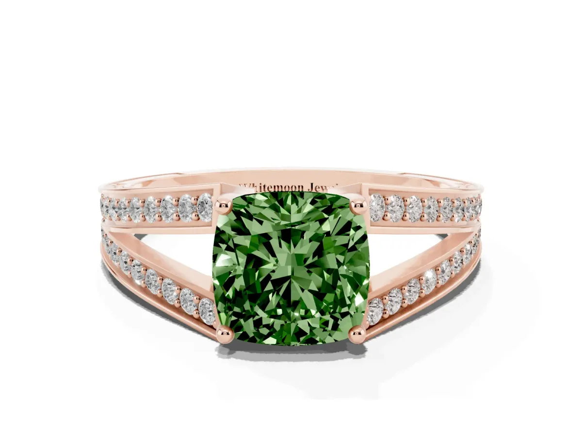 Fancy Green Cushion Cut Diamond Split Shank Ring with Pavé Band and Four-Prong Setting Rose gold