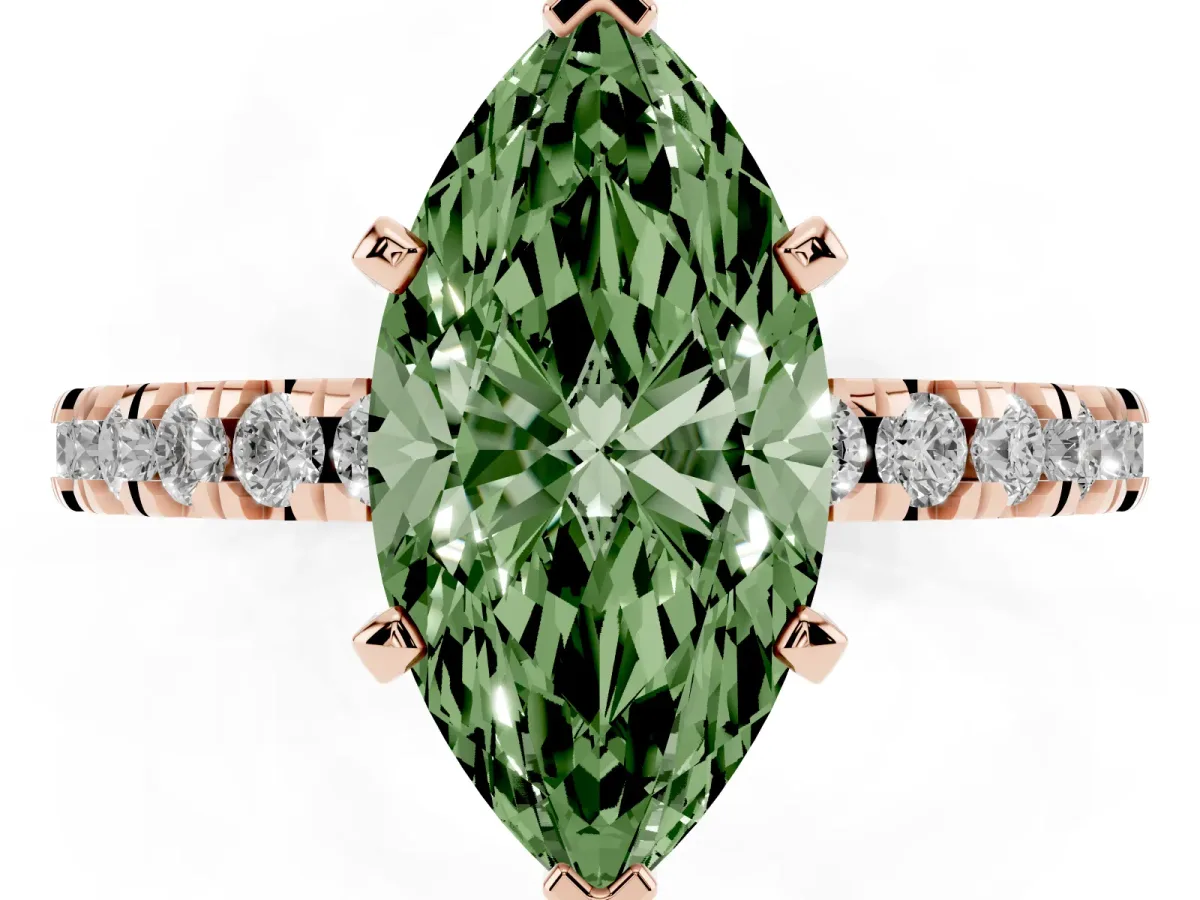 Fancy Green Marquise Cut Diamond Pavé Band Solitaire with Four-Prong Setting Rose gold