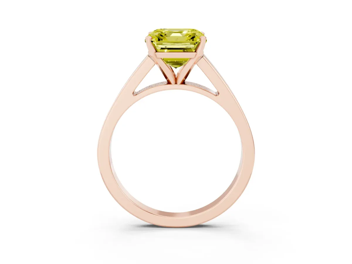 Fancy Yellow Asscher Cut Solitaire Engagement Ring with Four-Prong Setting and Tapered Band Rose gold