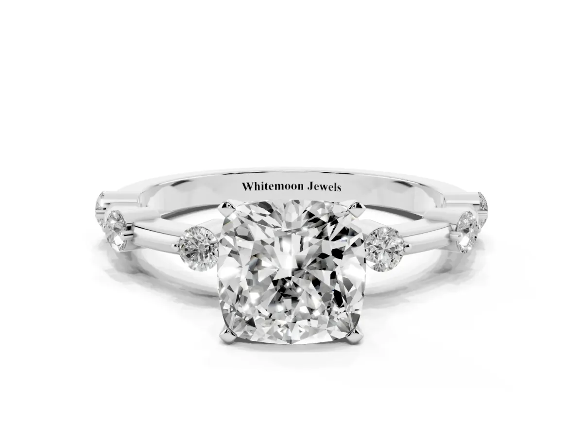Cushion Cut Solitaire Diamond Ring with Bezel Set Side Stones and Prong Setting Silver