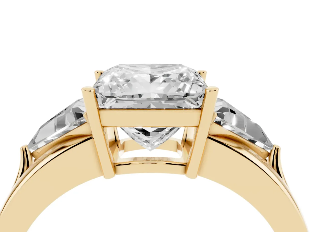Three-Stone Princess Cut Cut Diamond Ring with Trillion Side Stones on a Split Shank Band Yellow gold