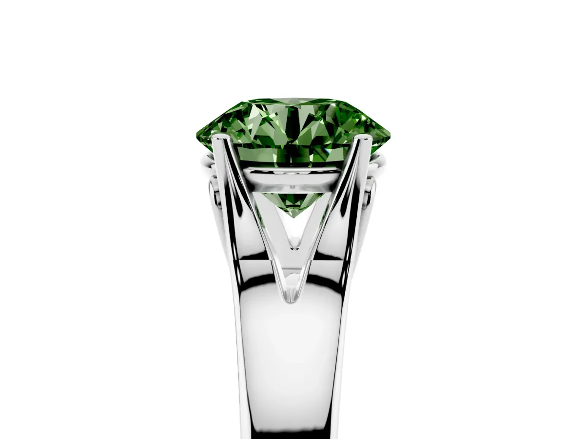 Fancy Green Round Cut Solitaire Diamond Ring with Cathedral Band and Four-Prong Setting Silver
