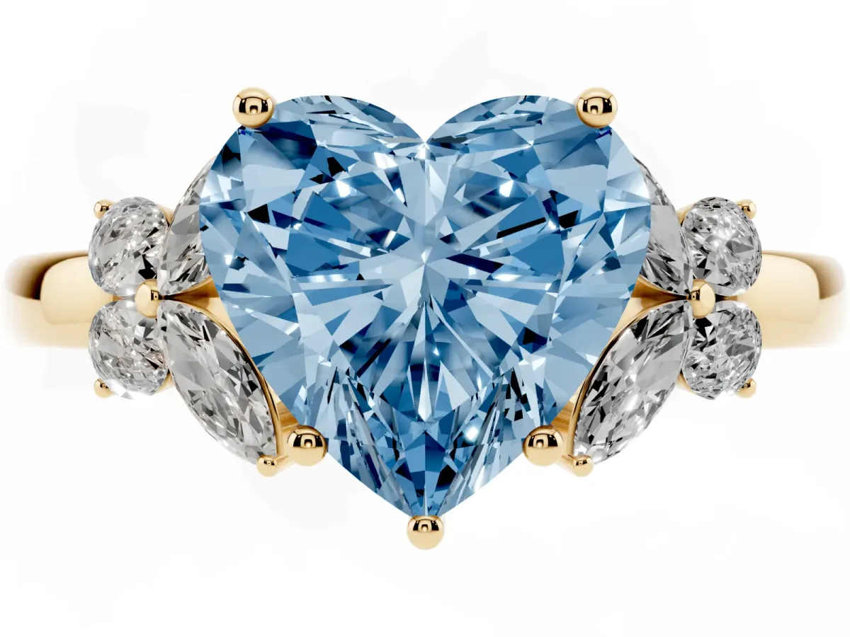Fancy Blue Heart Cut Cut Solitaire Floral Diamond Ring with Four-Prong Setting Yellow gold
