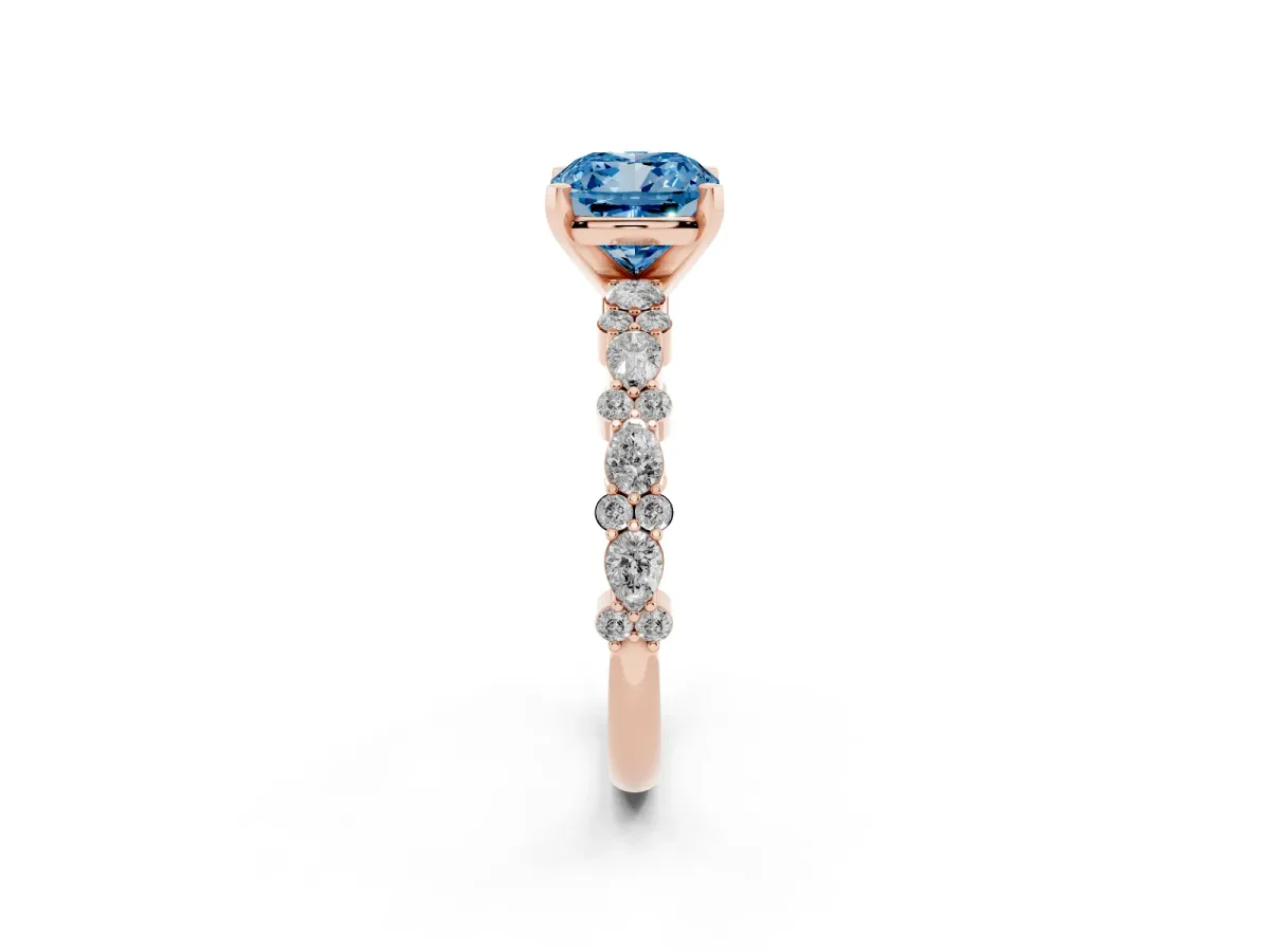 Fancy Blue Cushion Cut Diamond Side Stone Solitaire Ring with Round and Four-Prong Setting Rose gold