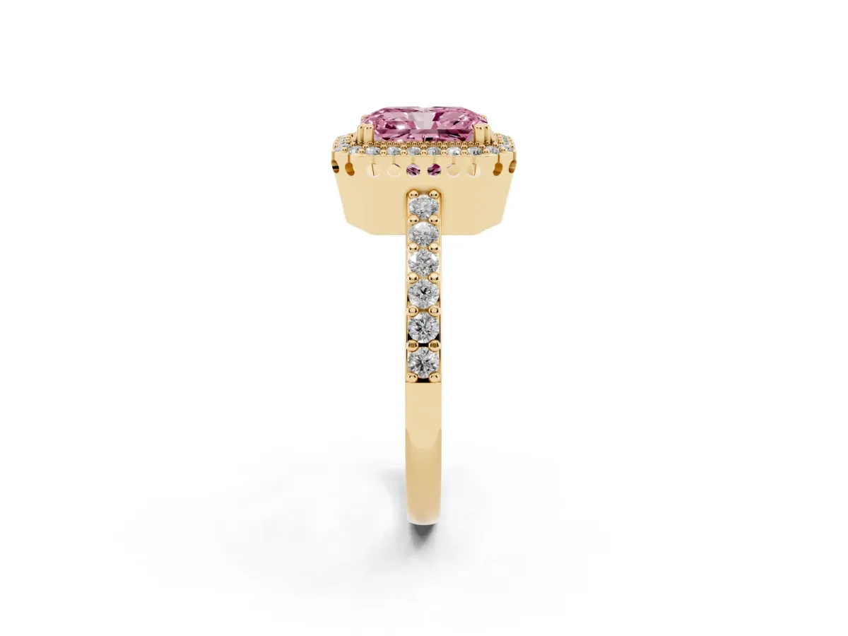 Fancy Pink Radiant Cut Cut Diamond Halo Engagement Ring with Milgrain Detail and Pavé Band Yellow gold