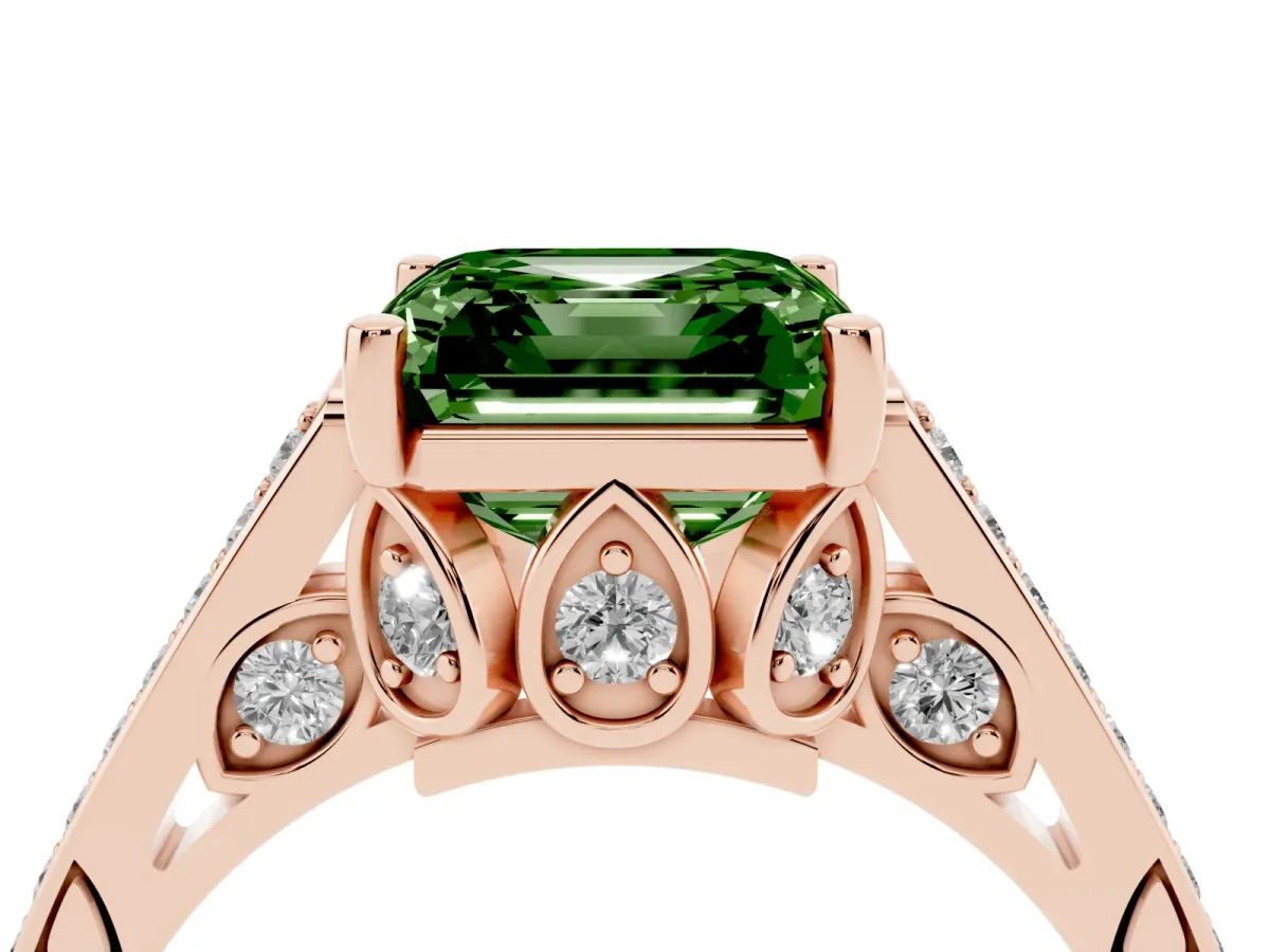 Fancy Green Asscher Cut Cut Cathedral Pave Diamond Engagement Ring with Six-Prong Setting Rose gold