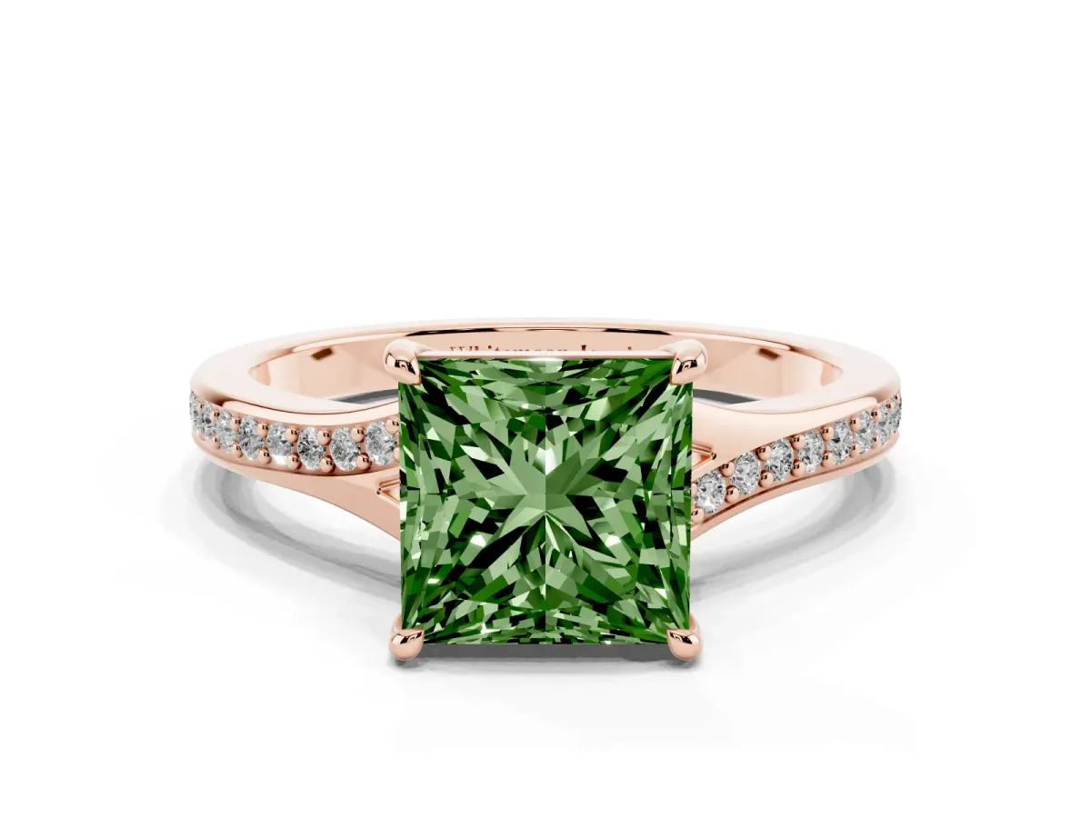 Fancy Green Princess Cut Diamond Solitaire Ring with Pavé Band and Prong Setting Rose gold