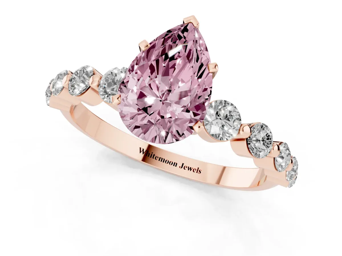 Fancy Pink Pear Cut Solitaire Diamond Ring with Pave Band and Four-Prong Setting Rose gold