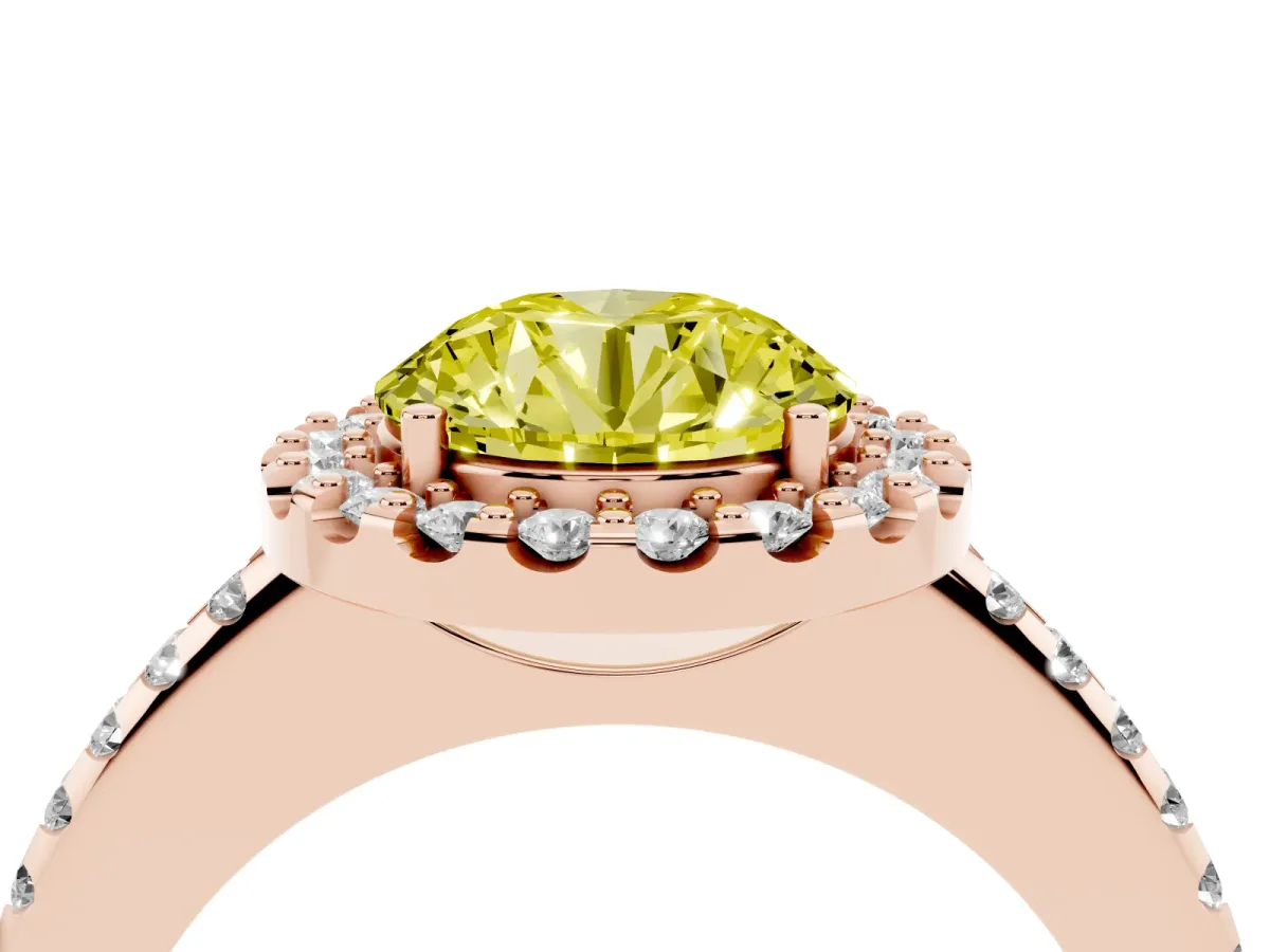 Fancy Yellow Round Cut Diamond Pavé Halo Ring with Four-Prong Setting Rose gold