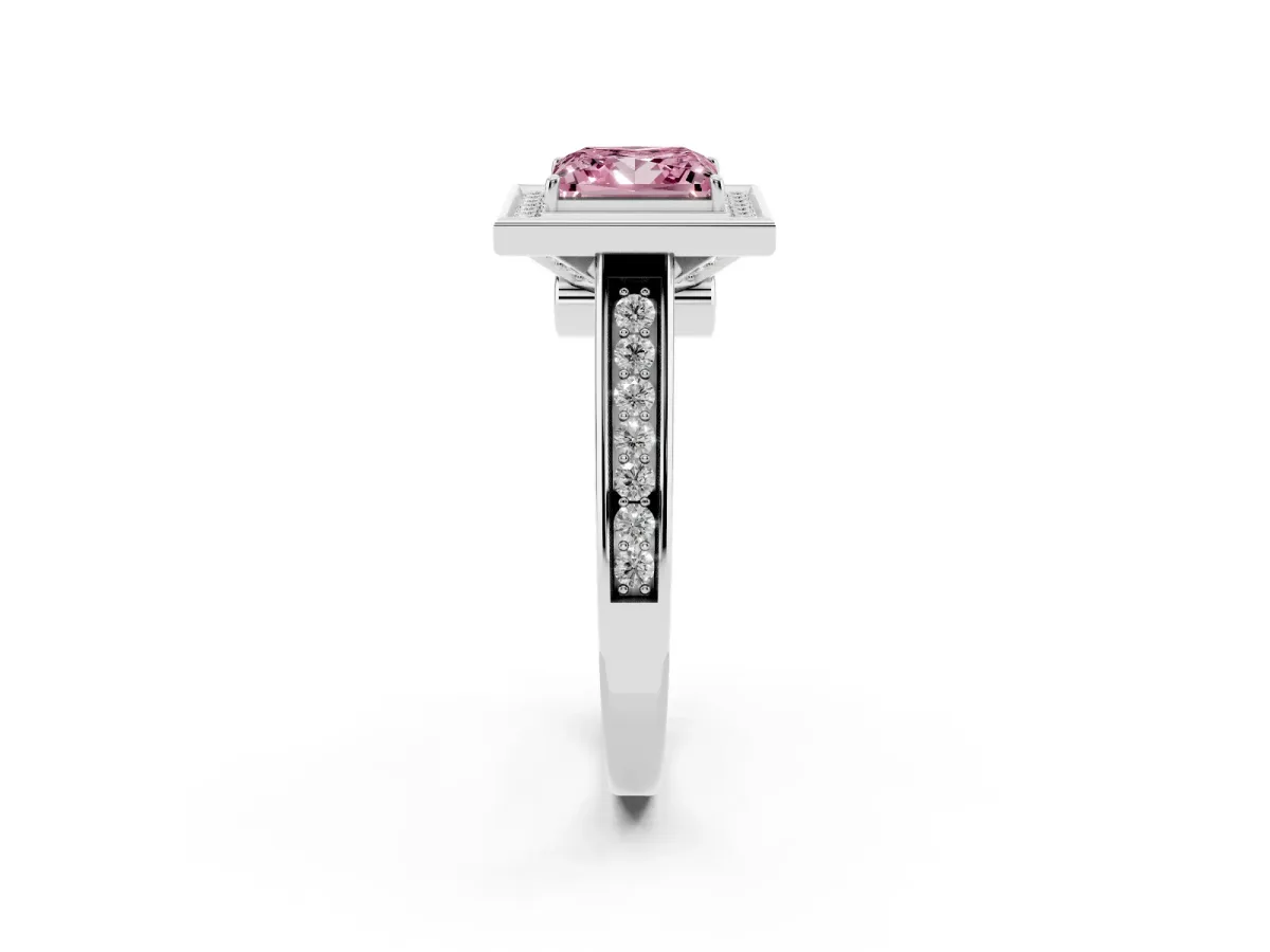 Fancy Pink Princess Cut Halo Solitaire Diamond Ring with Pave Band and Bezel Setting White gold