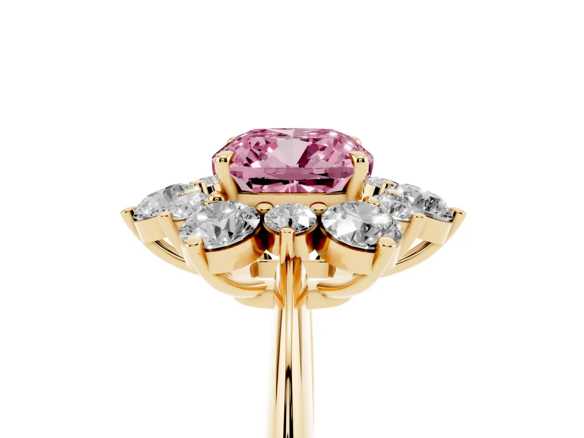 Fancy Pink Cushion Cut Diamond Cluster Halo Ring with Solitaire Band and Four-Prong Setting Yellow gold