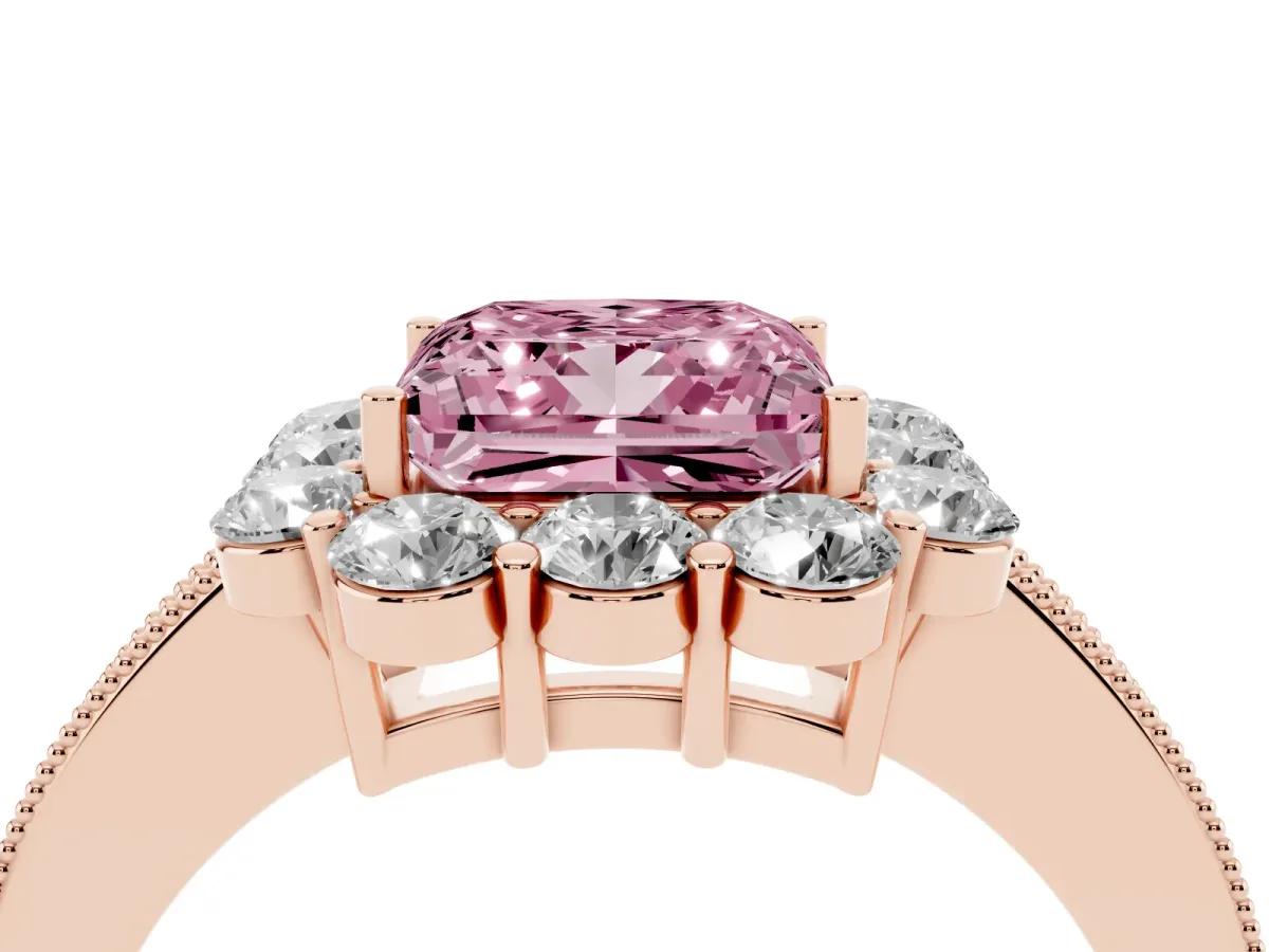 Fancy Pink Princess Cut Cut Halo Diamond Pavé Engagement Ring with Milgrain Detailing Rose gold