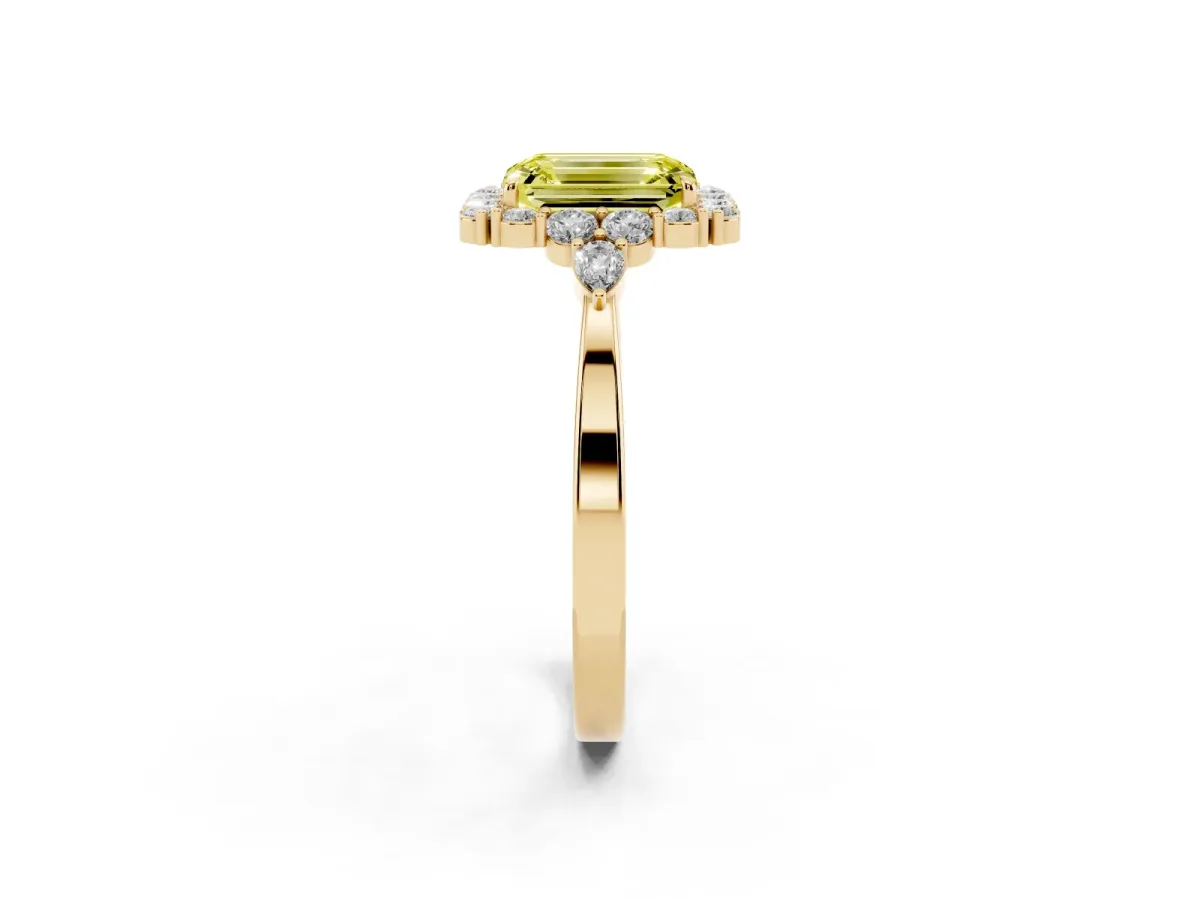 Fancy Yellow Emerald Cut Diamond Halo Ring with Pear Side Stones and Prong Setting Yellow gold