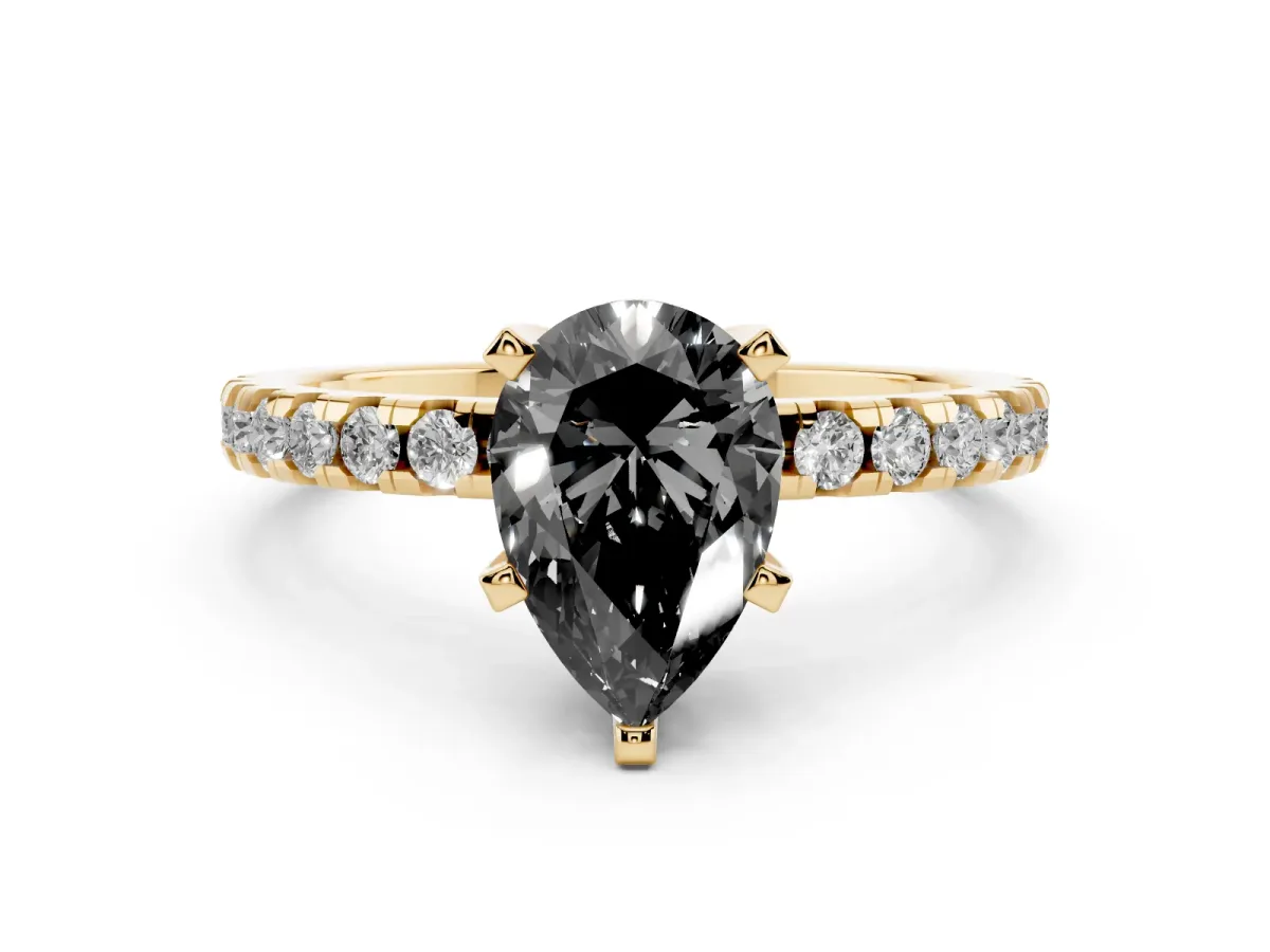 Fancy Black Pear Cut Diamond Solitaire Ring with Round Pavé Band and Four-Prong Setting Yellow gold