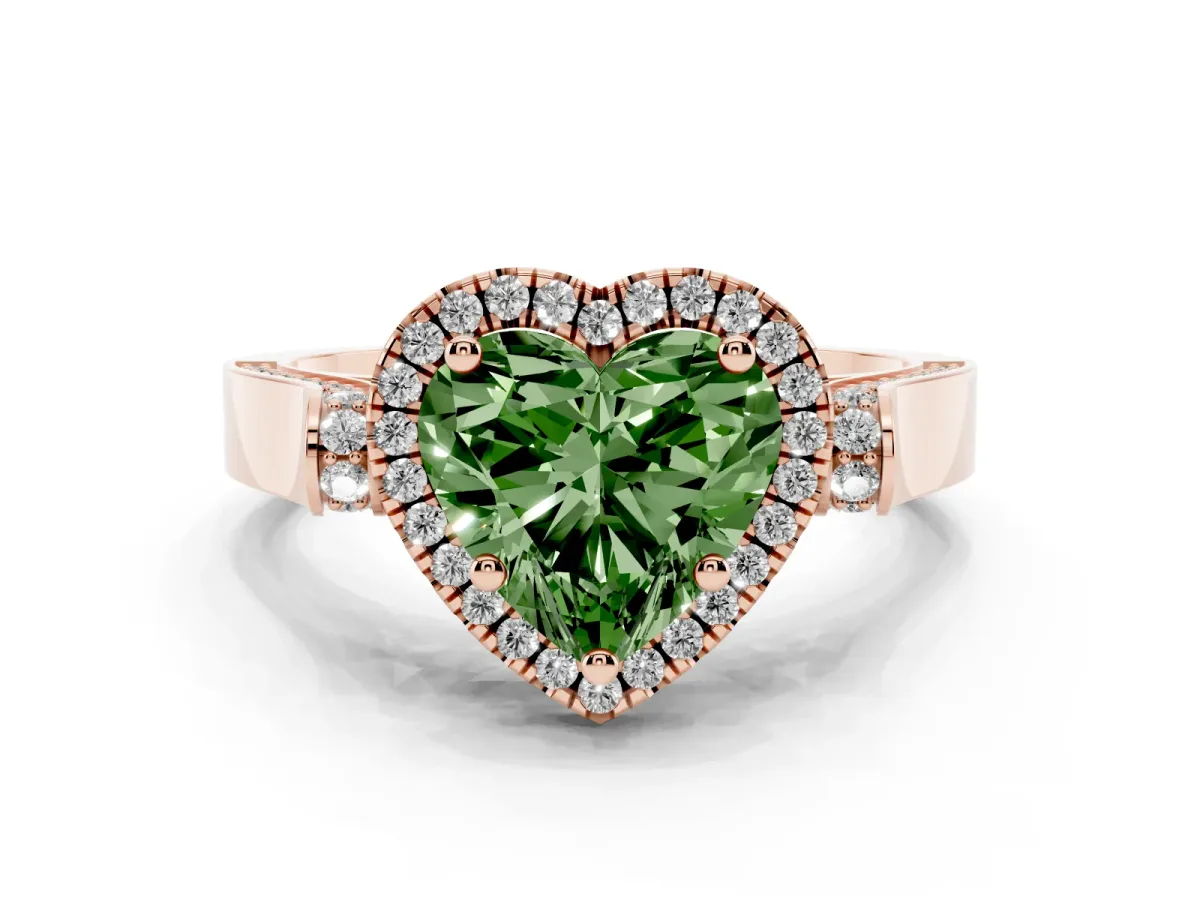 Fancy Green Heart Cut Halo Round Diamond Twist Band with Four-Prong Setting Rose gold