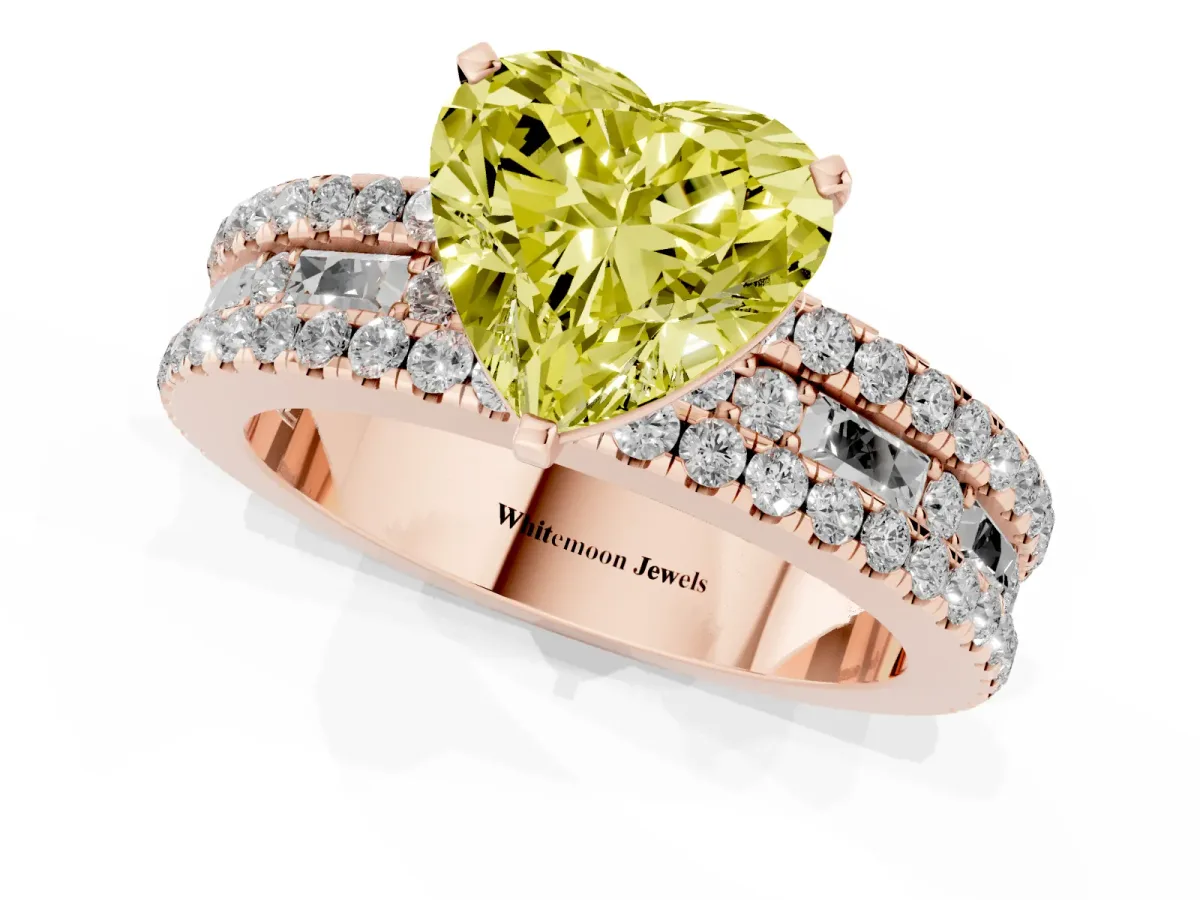 Fancy Yellow Heart Cut Diamond Solitaire Ring with Pavé and Channel Set Band Rose gold