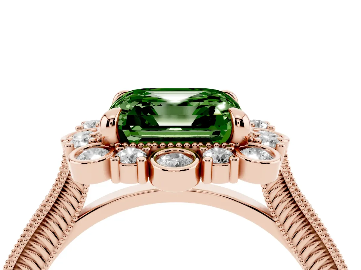 Fancy Green Asscher Cut Halo Milgrain Pave Diamond Ring with Four-Prong Setting Rose gold