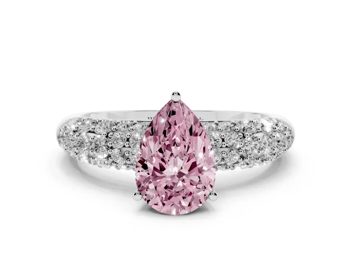 Fancy Pink Pear Cut Diamond Pavé Band Solitaire Ring with Four-Prong Setting Silver