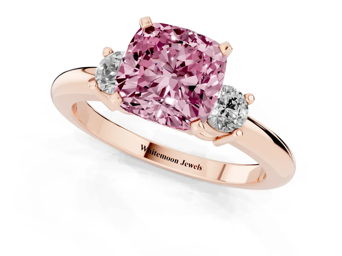 Fancy Pink Three-Stone Cushion Cut Cut Diamond Solitaire with Prong Setting and Classic Band Rose gold