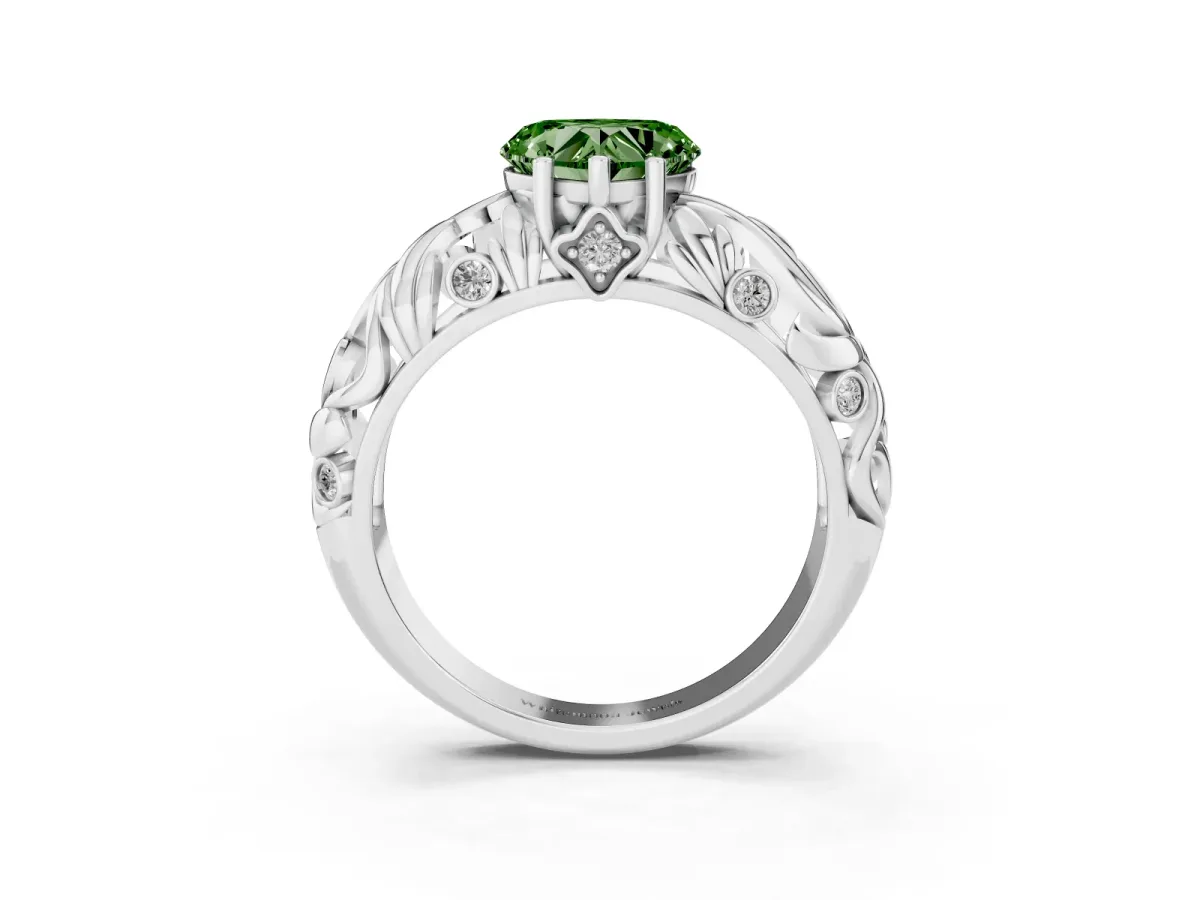 Fancy Green Heart Cut Solitaire Diamond Leaf-Inspired Vine Band Ring with Prong Setting Silver