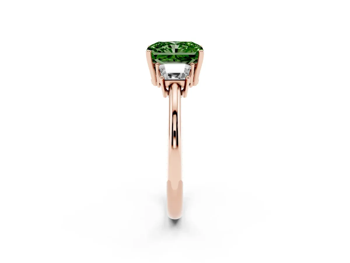 Fancy Green Radiant Cut Diamond Three-Stone Ring with Trapezoid Side Stones and Prong Setting Rose gold