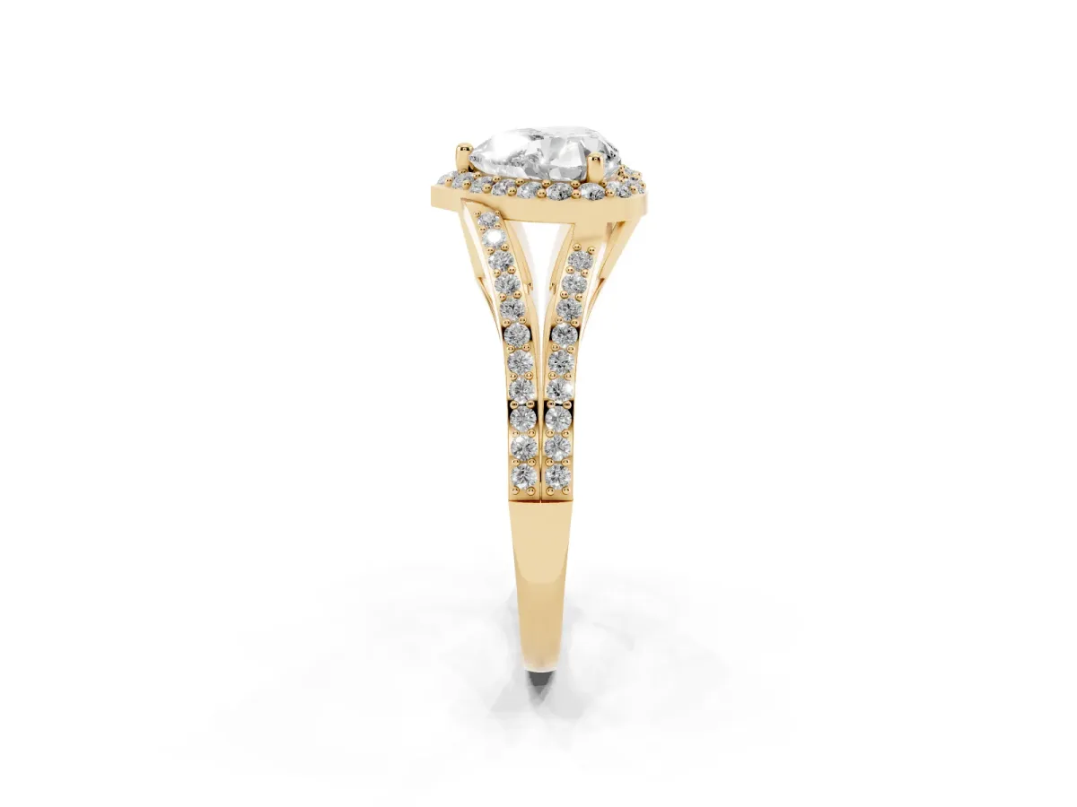 Heart Cut Halo Split Shank Pave Diamond Ring with Four-Prong Setting Yellow gold