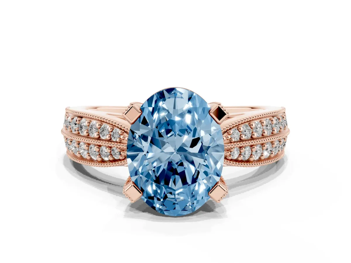 Fancy Blue Oval Cut Diamond Solitaire Ring with Milgrain Round Pavé Band and Prong Setting Rose gold