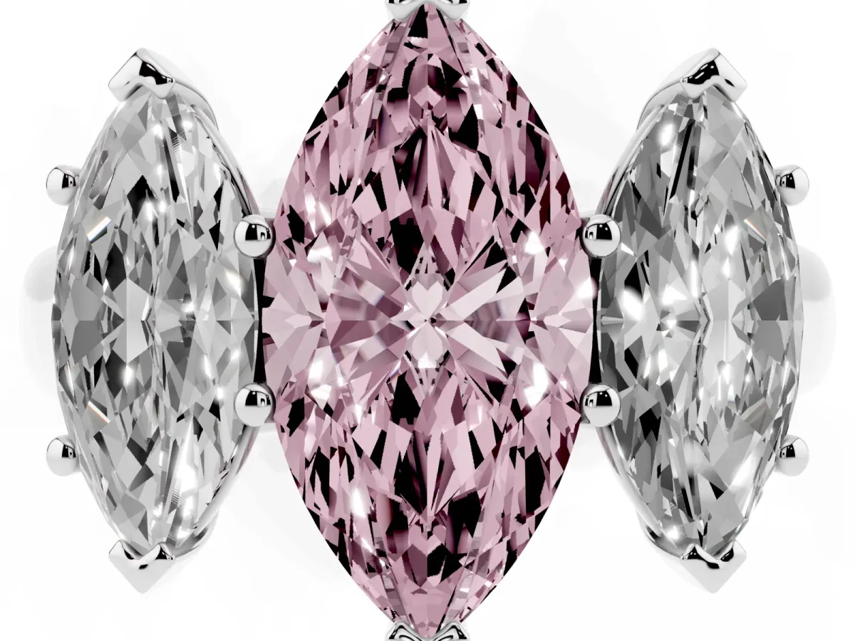 Fancy Pink Marquise Cut Three-Stone Diamond Ring with Prong Setting on a Classic Band Silver