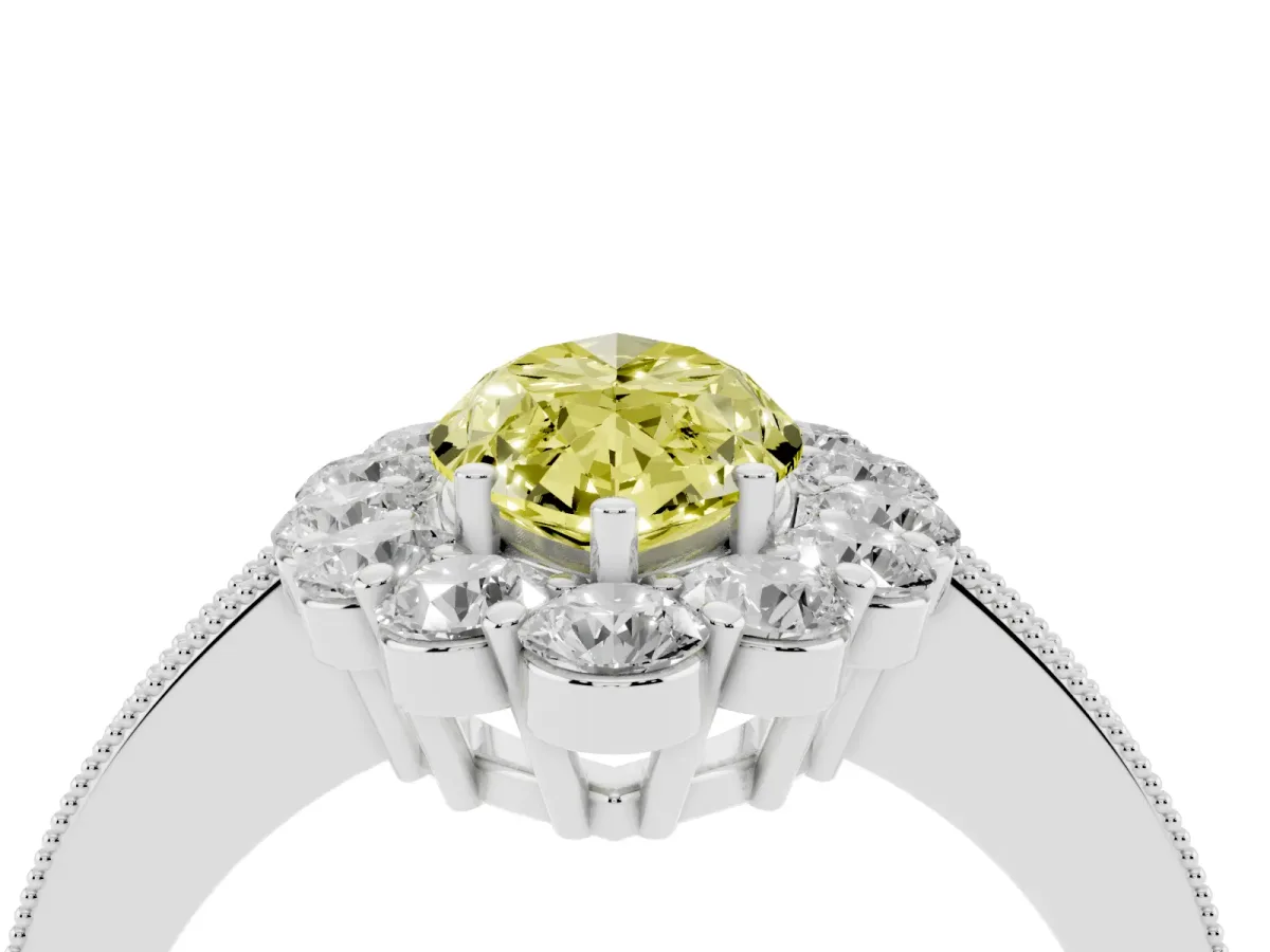 Fancy Yellow Marquise Cut Cut Halo Diamond Pavé Engagement Ring with Milgrain Detailing White gold