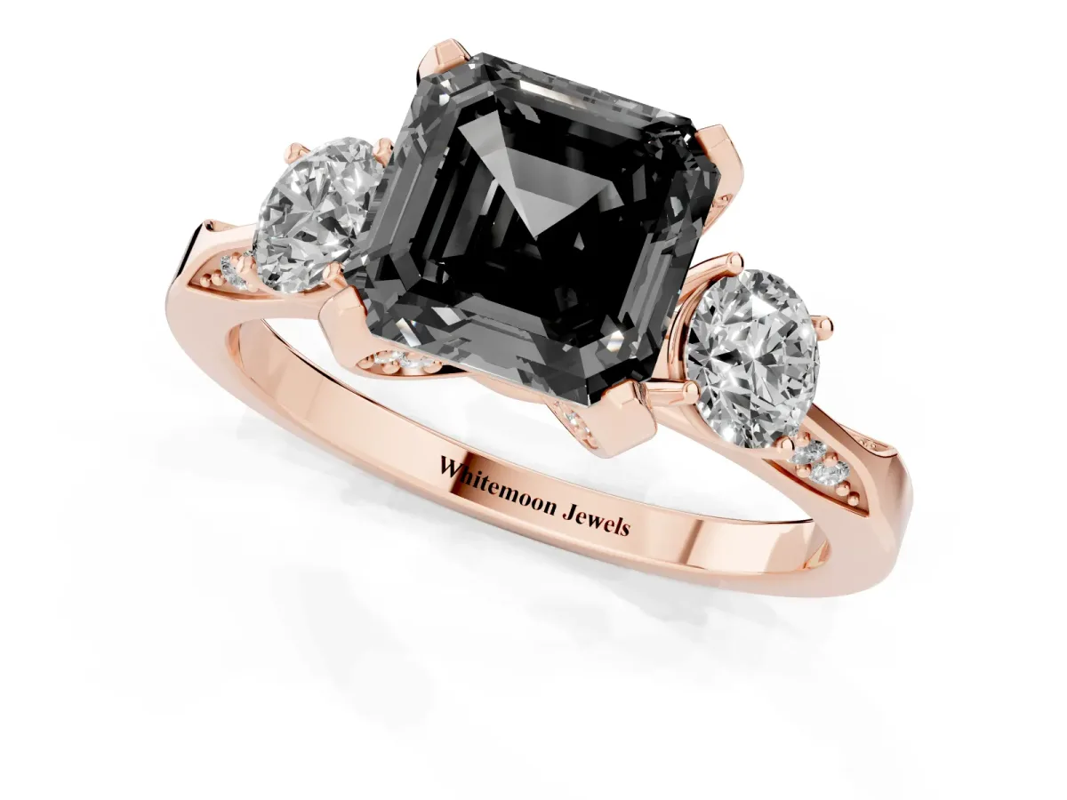 Fancy Black Asscher Cut Brilliant Three-Stone Diamond Ring with Pavé Band and Four-Prong Setting Rose gold
